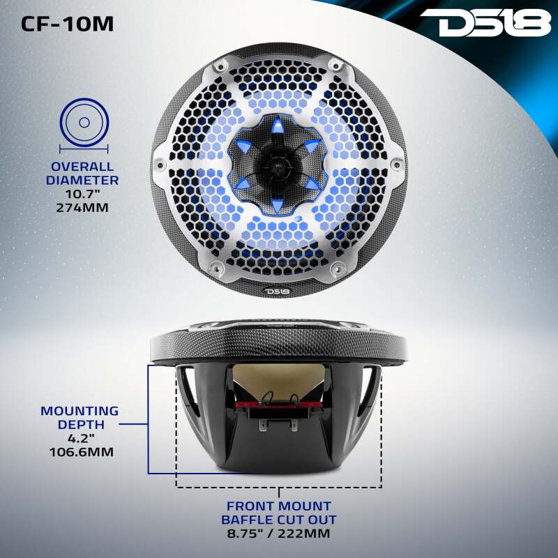DS18 NXL-M Series Speaker w/ RGB LED Lights 10in 2-Way 200 Watts RMS 4 ohm Black Carbon Fiber