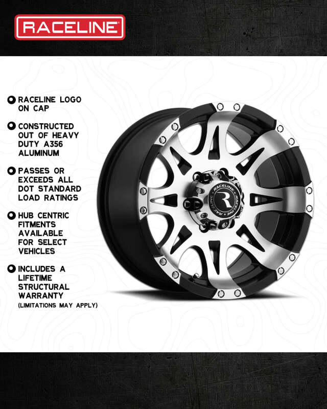 Raceline 982 Raptor 16x8in / 8x170 BP / 0mm Offset / 130.81mm Bore - Black & Machined Wheel