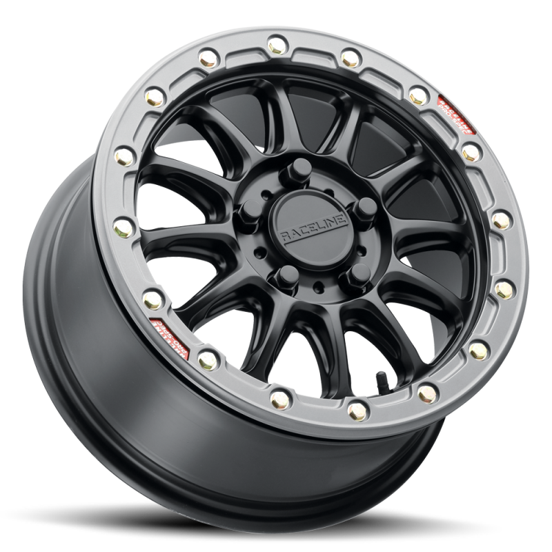 Raceline A14BG Alpha 17x7in/4x137 BP/25mm Offset/110.18mm Bore- Blk & Gunmetal Ring Beadlock Wheel