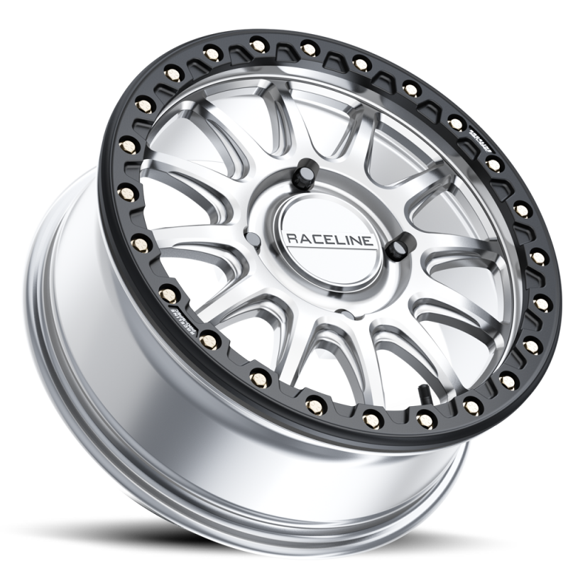 Raceline A14SB Alpha 17x7in/5x114.3 BP/40mm Offset/68mm Bore - Silver & Blk Ring Beadlock Wheel